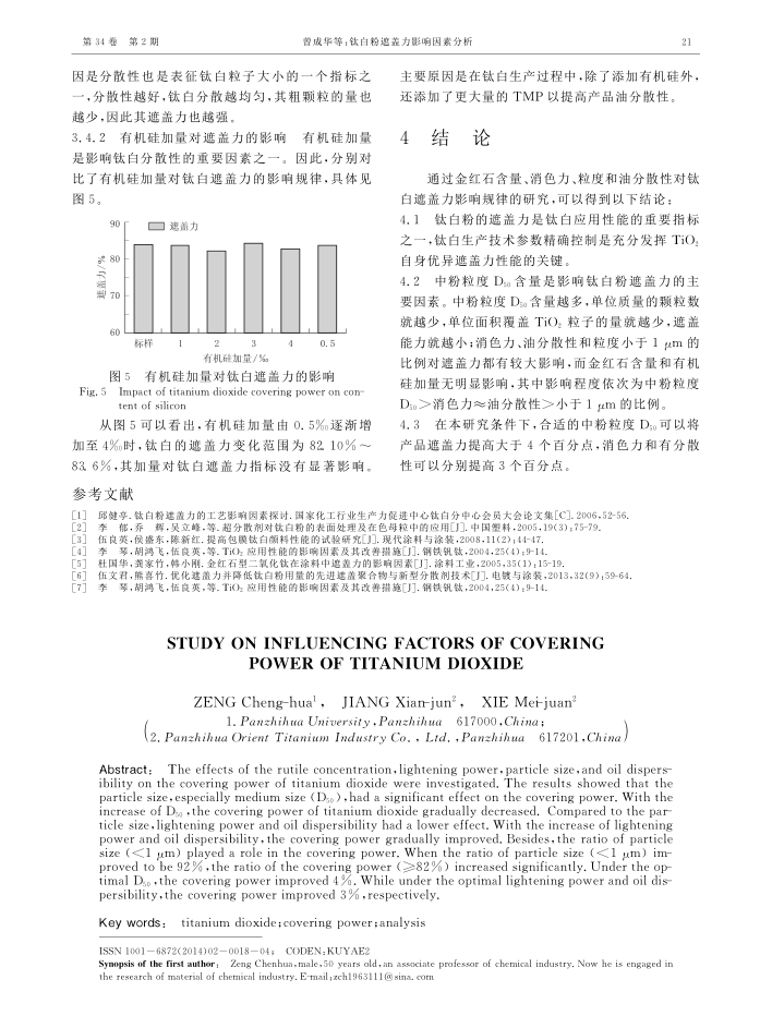 The effect of titanium dioxide rutile content, decolorization power, particle size, and dispersion on the hiding power is shown in Figure 4