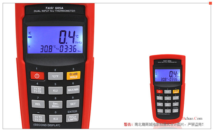 Detail of TASI-605A digital thermometer operating panel and LCD display