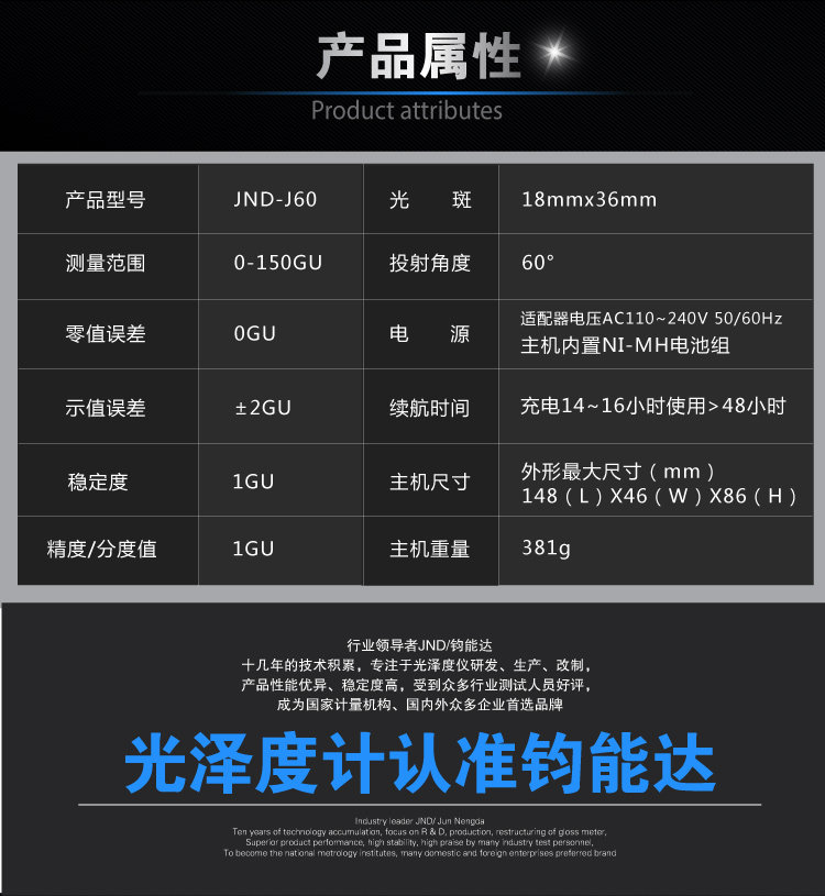 Junengda JND-J60 gloss meter specification attributes
