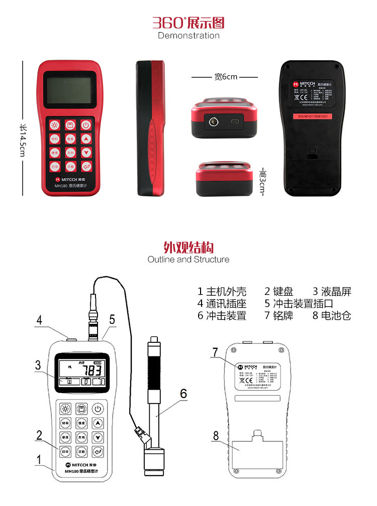 Mattel Instruments MH180 Portable Leeb Hardness Tester Exterior Structure Diagram