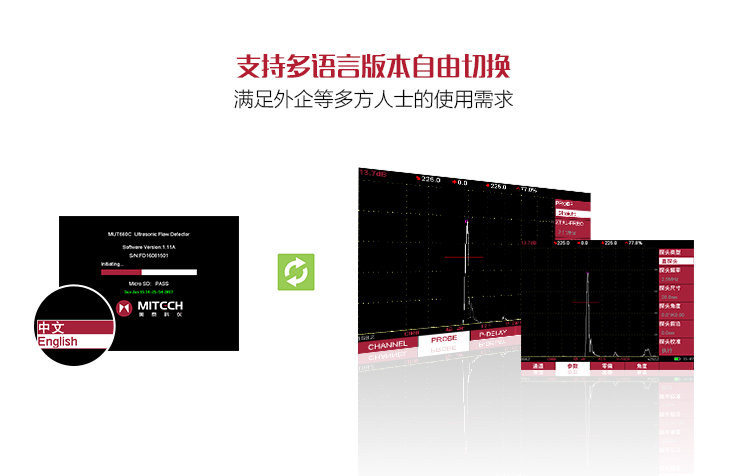 Mattel Instruments MUT550B digital ultrasonic flaw Detectors are available in multiple languages