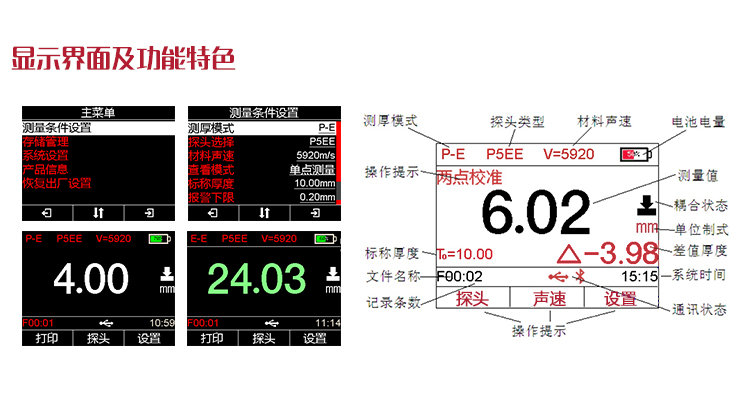 Mattel MT660 high-precision ultrasonic Thickness Gauge displays interface features