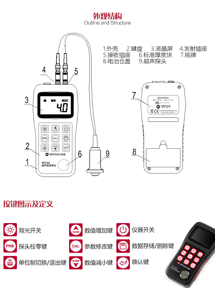 Appearance structure diagram of MT150 Ultrasonic Thickness Gauge