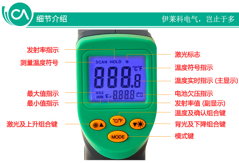 Detail of the Elaccot EM380 infrared thermometer