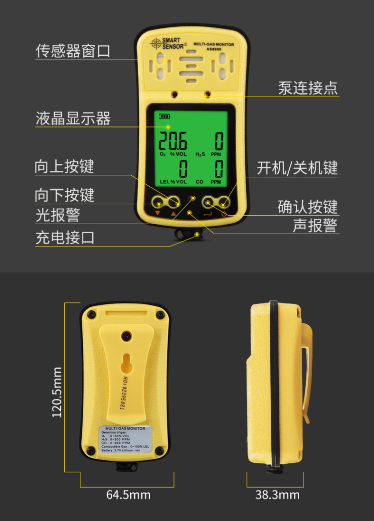 Cema AS8900 four-in-one Gas Detector (diffusion type + pump suction type) functional structure and structural parameters