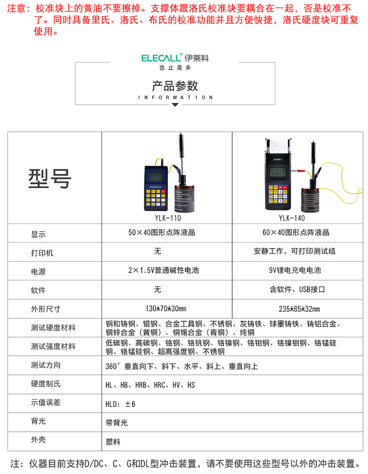 Parameters of the Elihber YLK-140 Leeb Hardness Tester