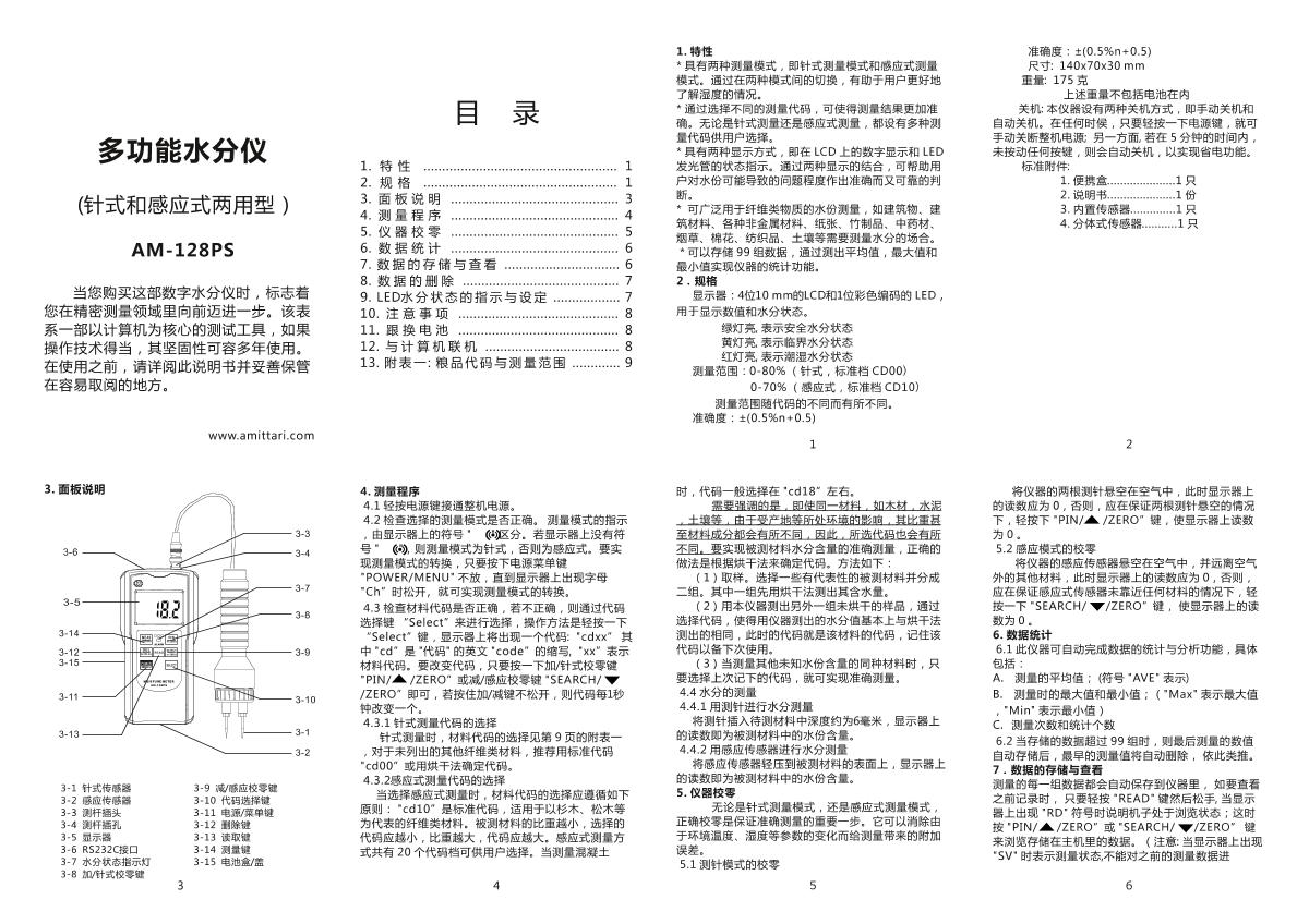 AMITTARI AM-128PS Needle induction dual-use wood Moisture MeterManual page 1