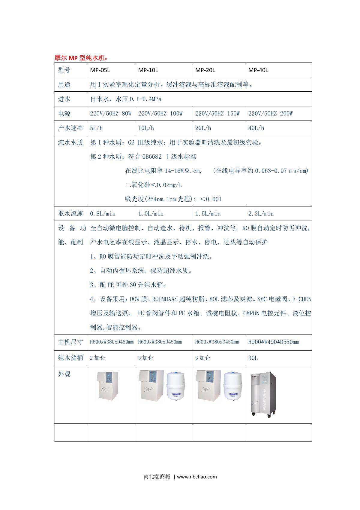 Molecular MP-10L Lab water purifier brochure page 1