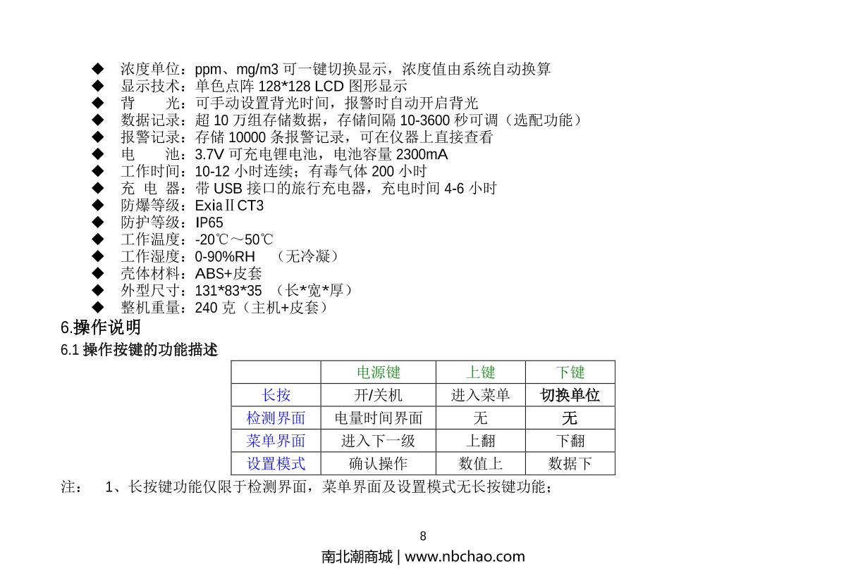 Unitec YT-1200H-S-H2S(0-500ppm) Hydrogen sulfide DetectorManual page 8