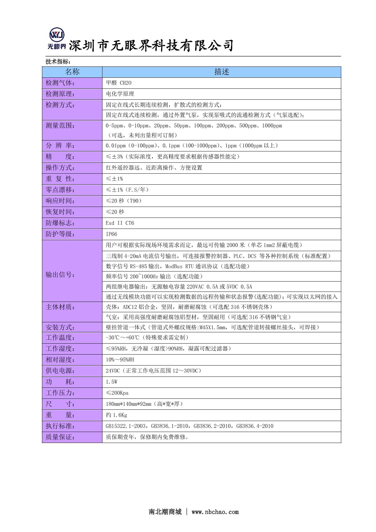 EYESKY ES10B11-CH2O（0~10ppm）  Formaldehyde Detector  brochure page 2
