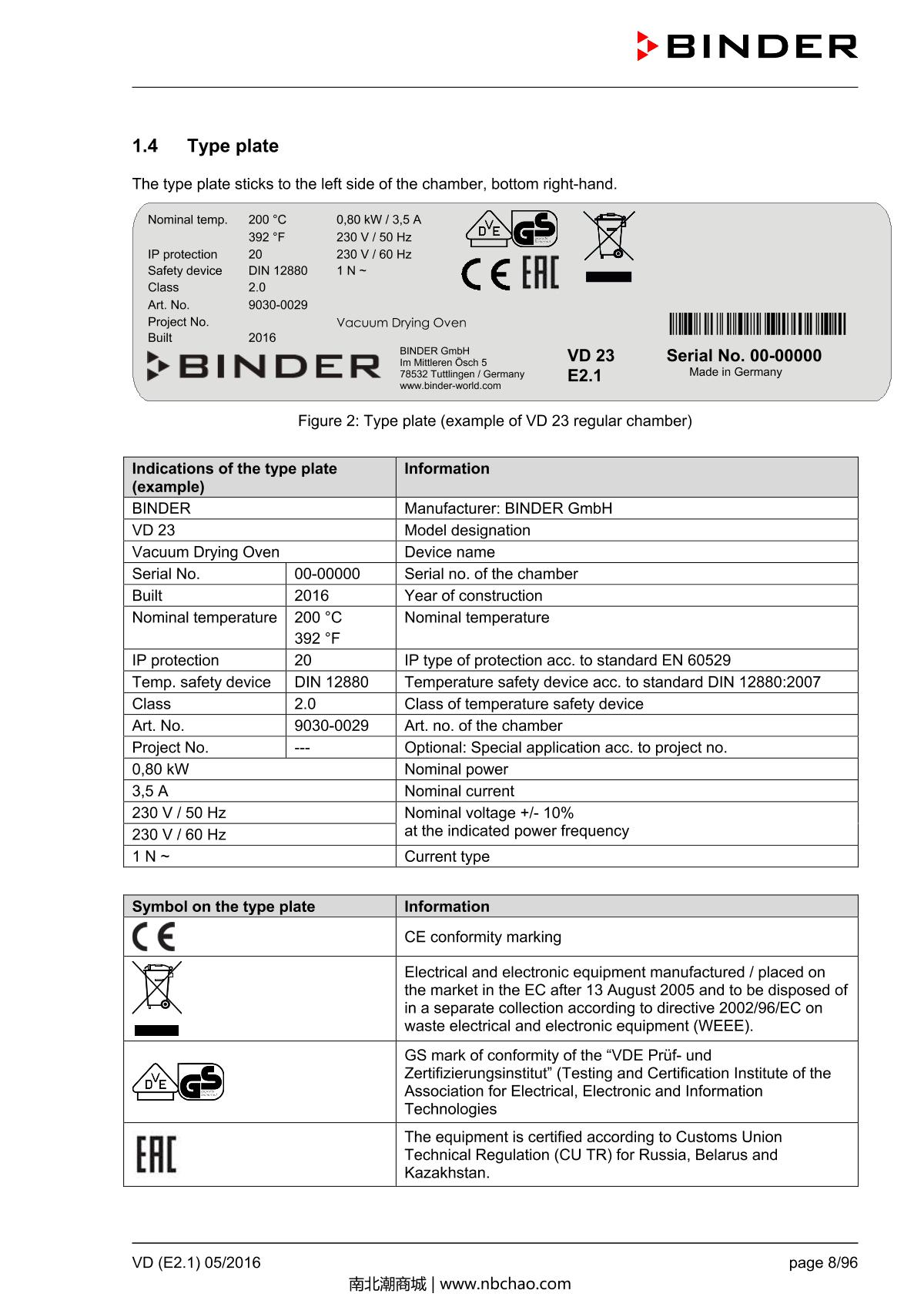 Binder VD53 Vacuum OvenManual page 8