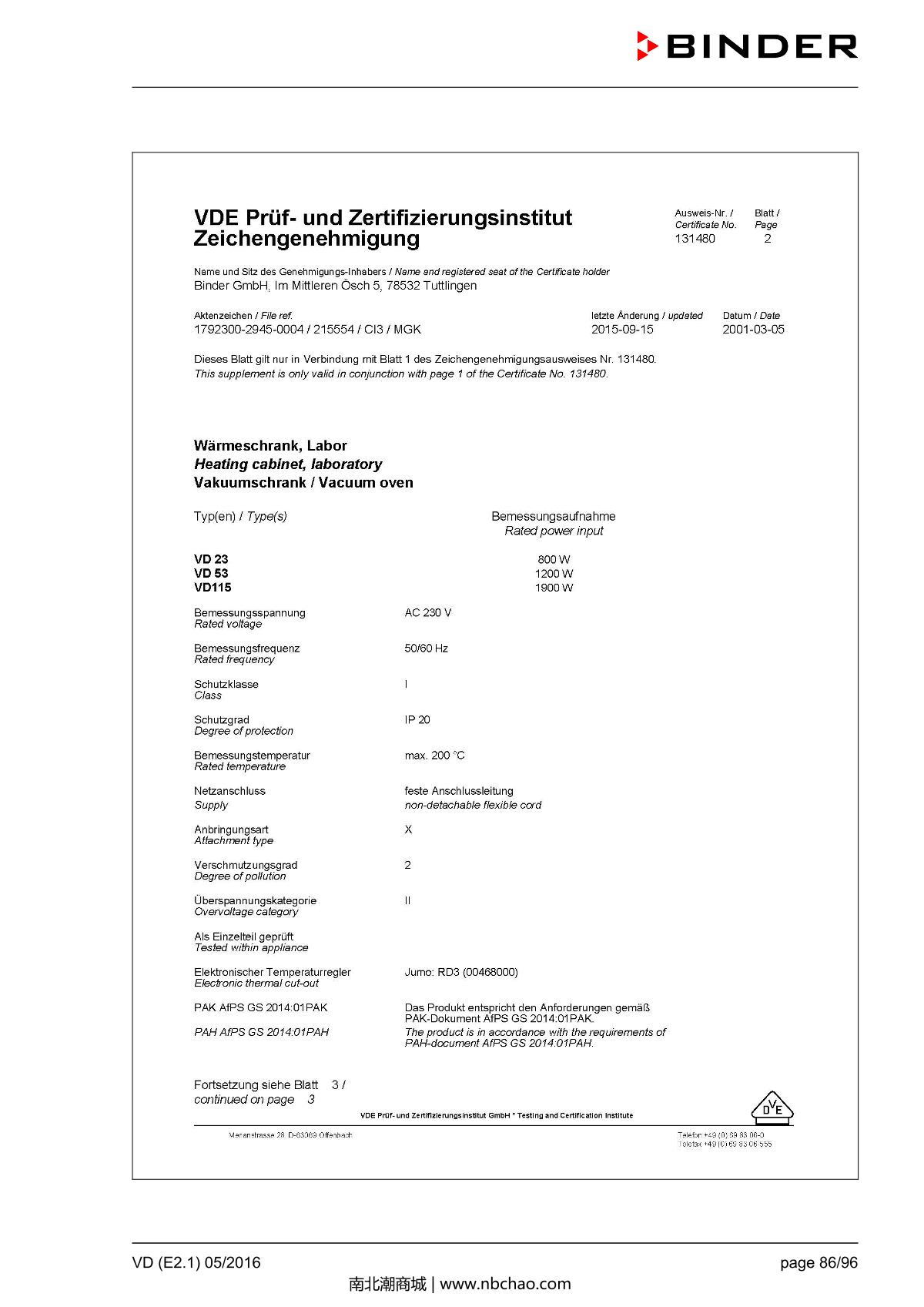 Binder VD53 Vacuum OvenManual page 86