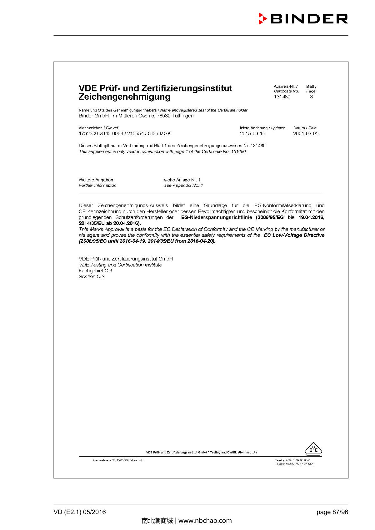 Binder VD53 Vacuum OvenManual page 87