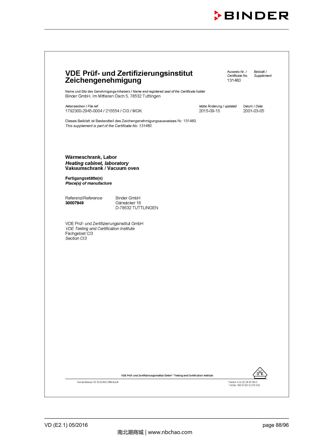 Binder VD53 Vacuum OvenManual page 88