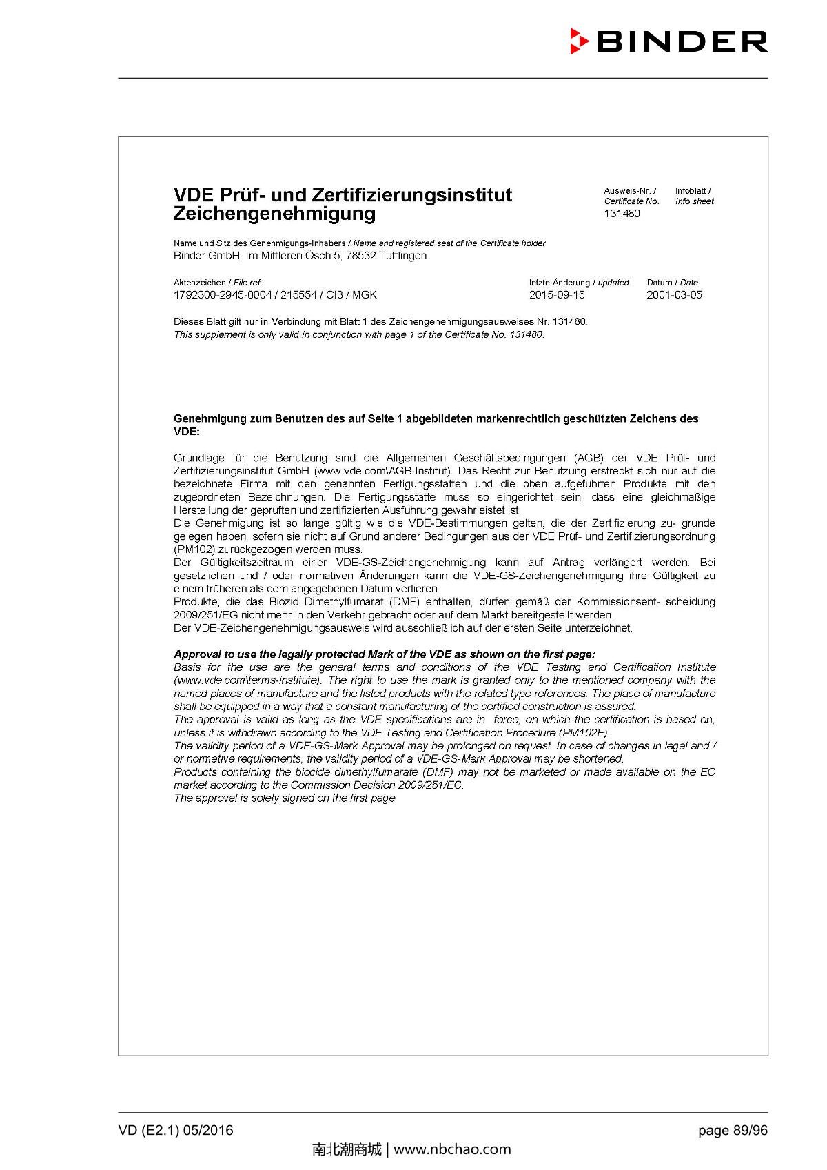 Binder VD53 Vacuum OvenManual page 89