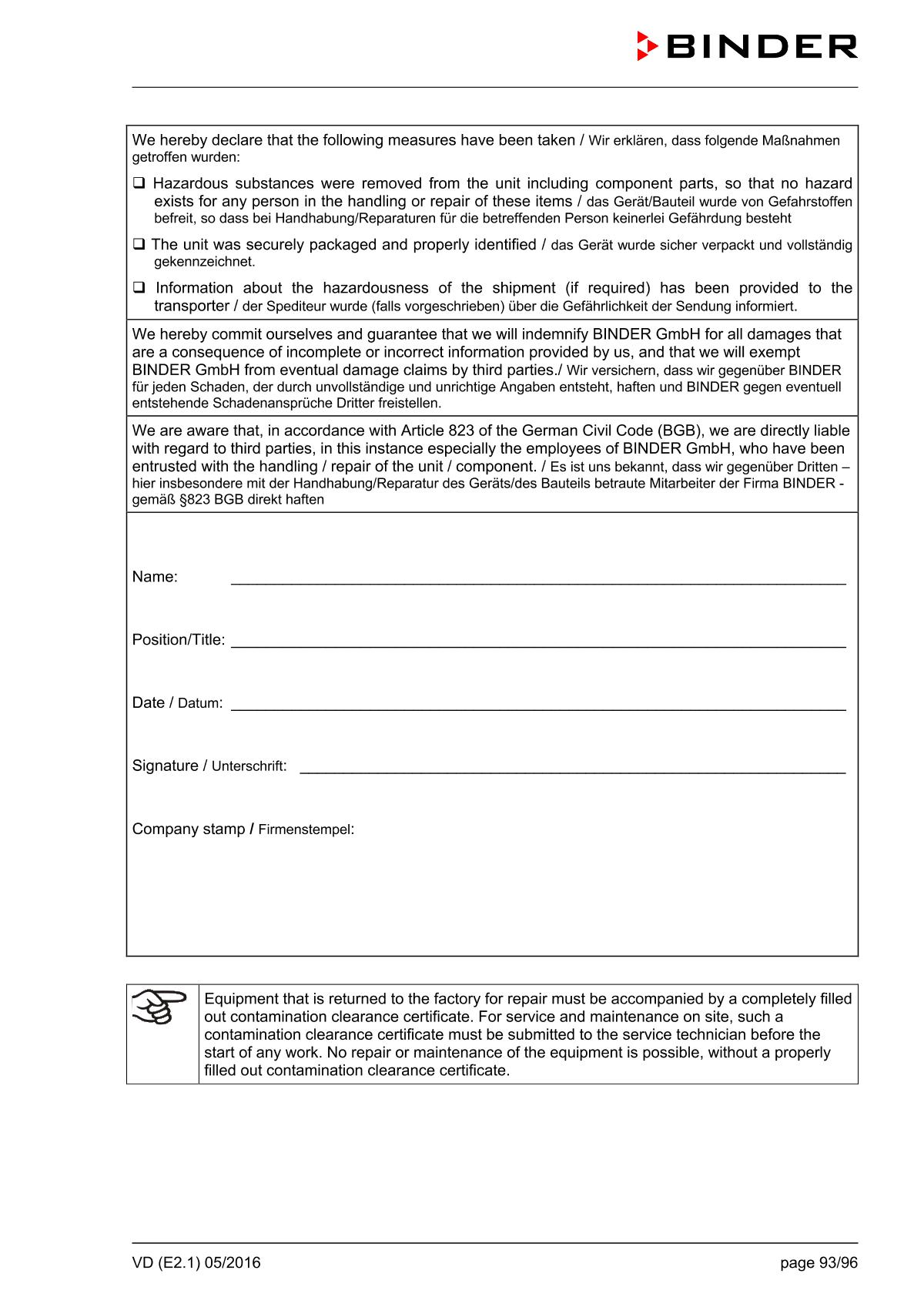 Binder VD53 Vacuum OvenManual page 93