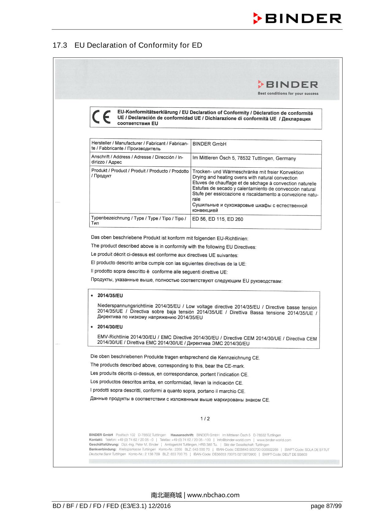 Binder ED260 Natural convection ovenManual page 87
