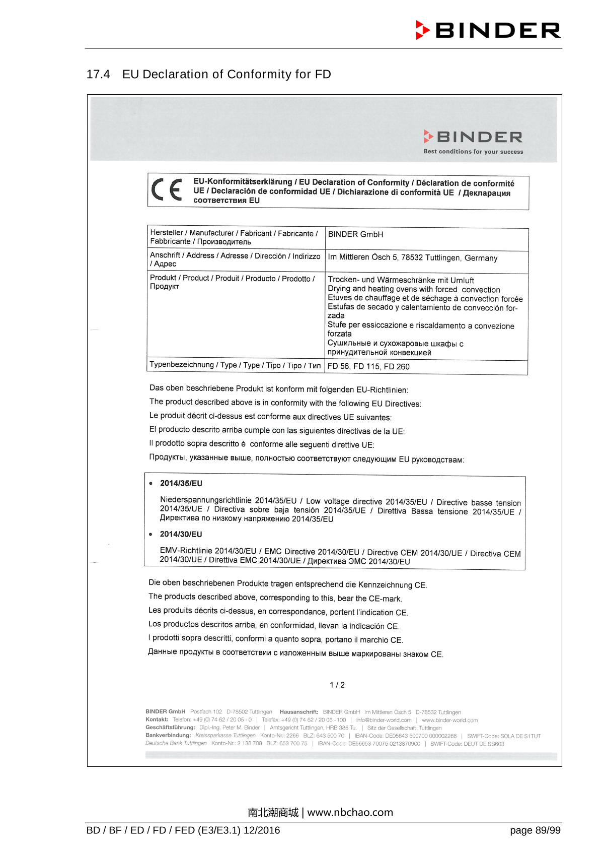 Binder ED260 Natural convection ovenManual page 89