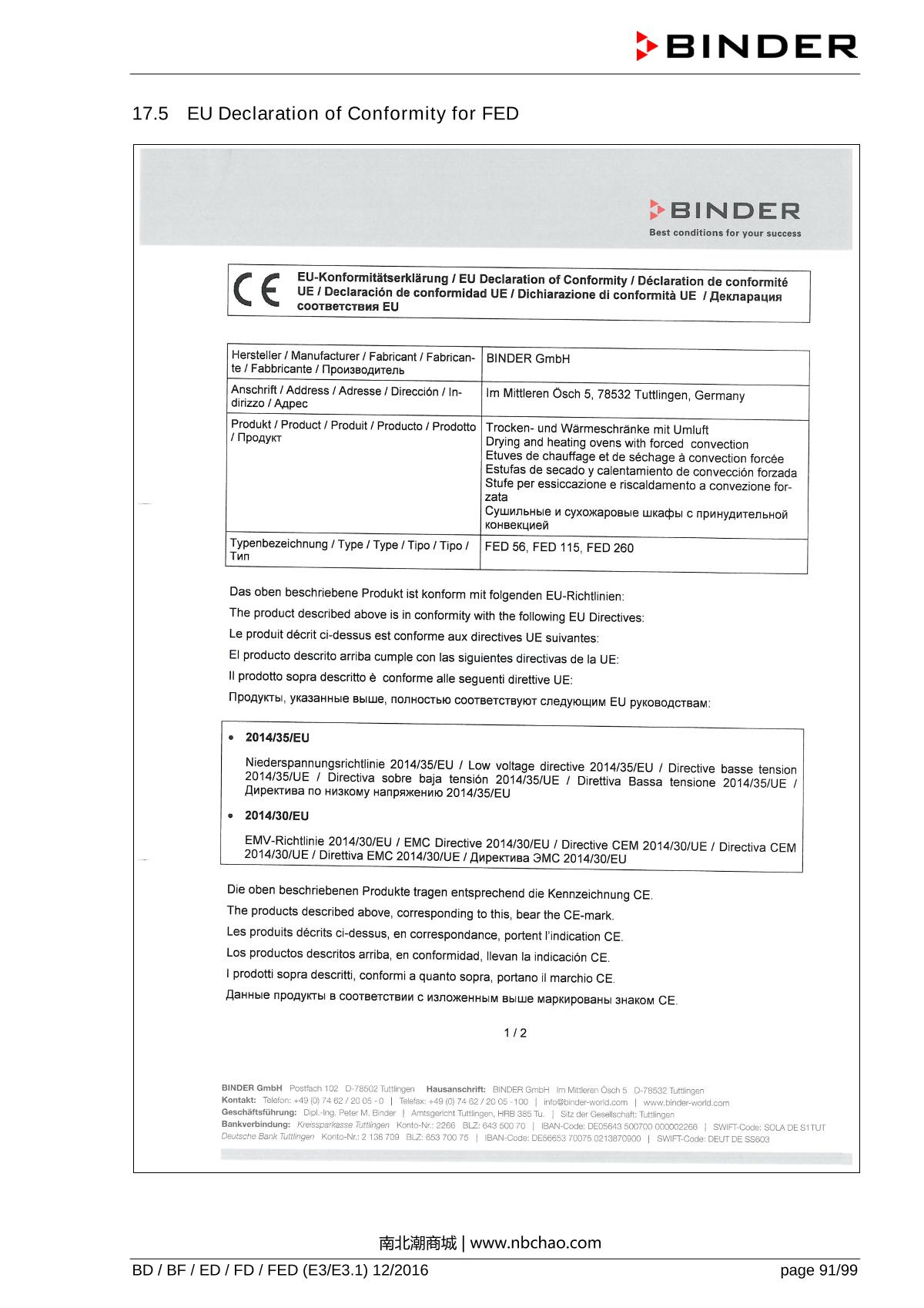 Binder ED260 Natural convection ovenManual page 91