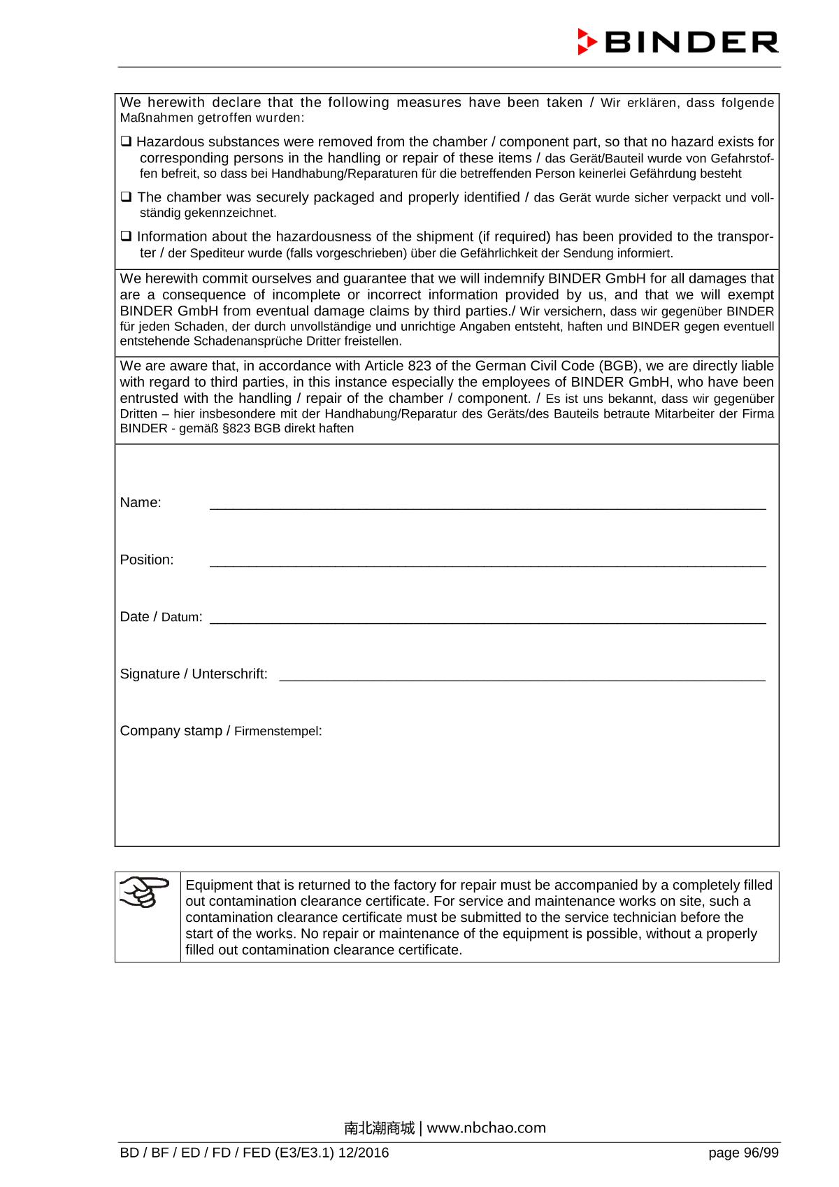 Binder ED260 Natural convection ovenManual page 96