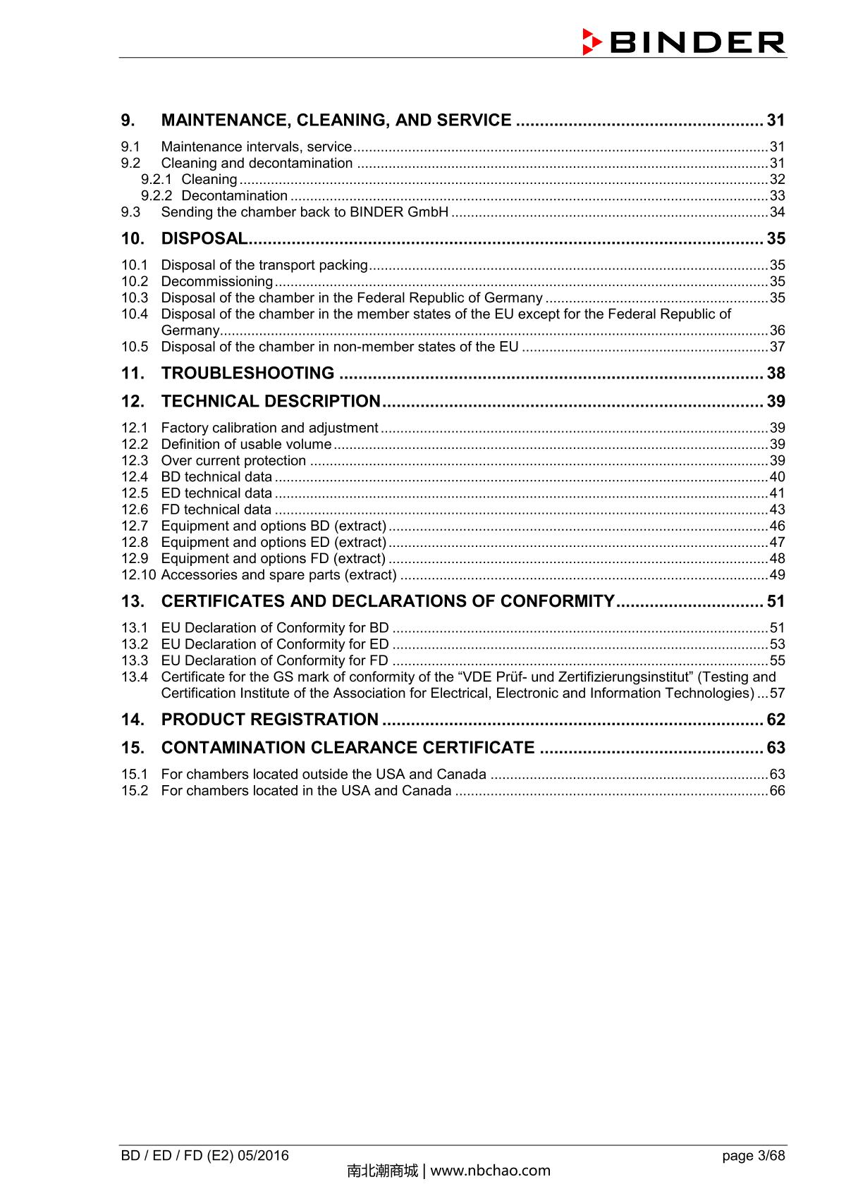 Binder BD400 Natural convection microbial IncubatorManual page 3