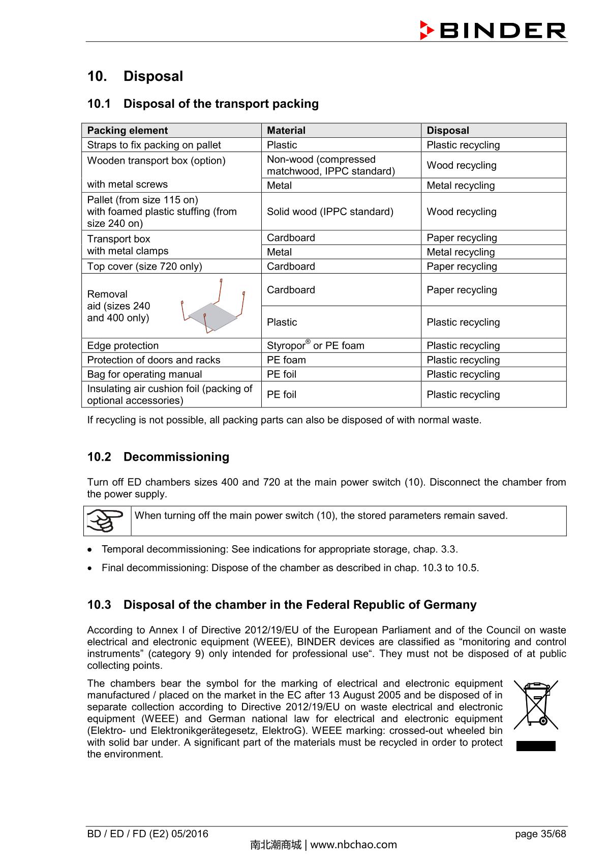 Binder BD400 Natural convection microbial IncubatorManual page 35