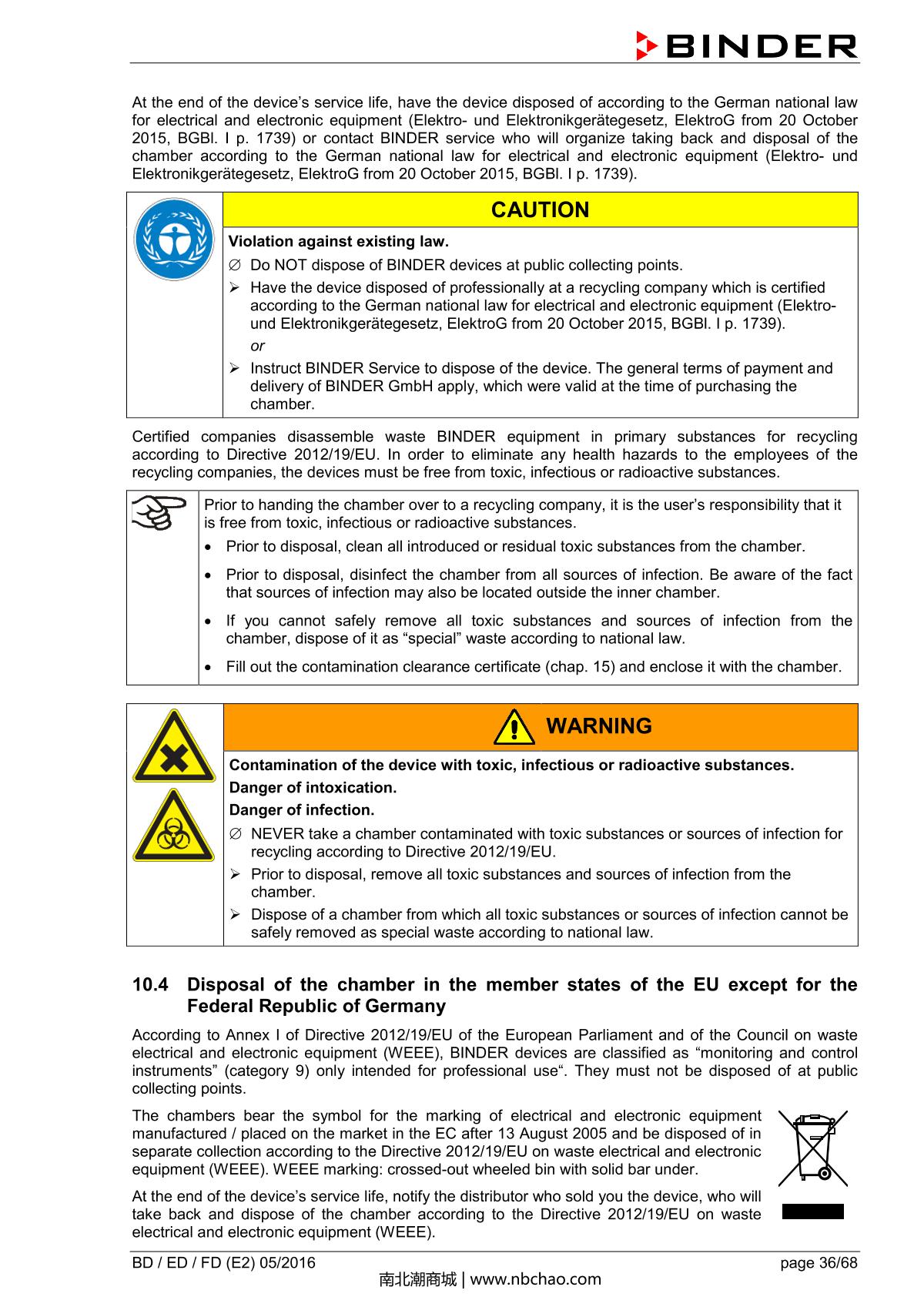 Binder BD400 Natural convection microbial IncubatorManual page 36