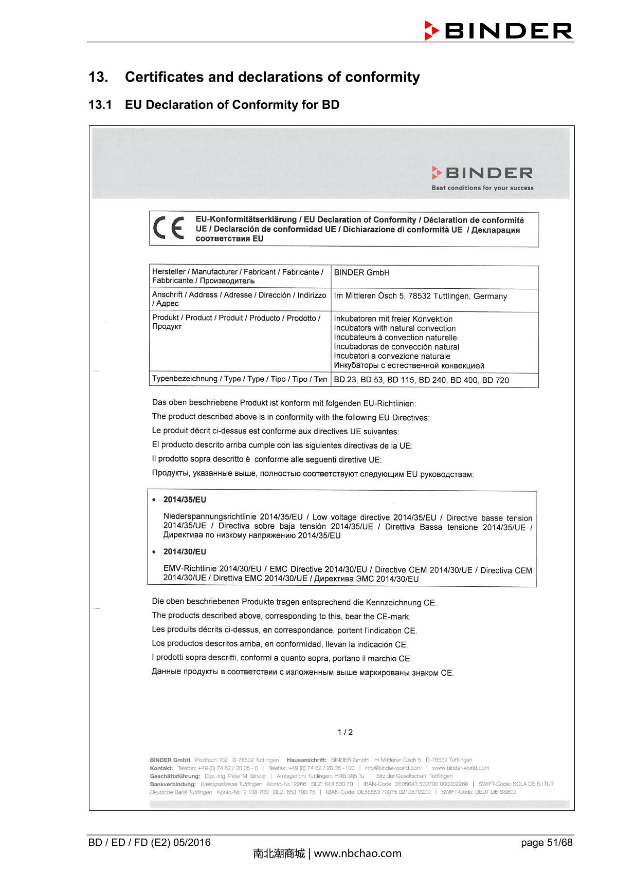 Binder BD400 Natural convection microbial IncubatorManual page 51