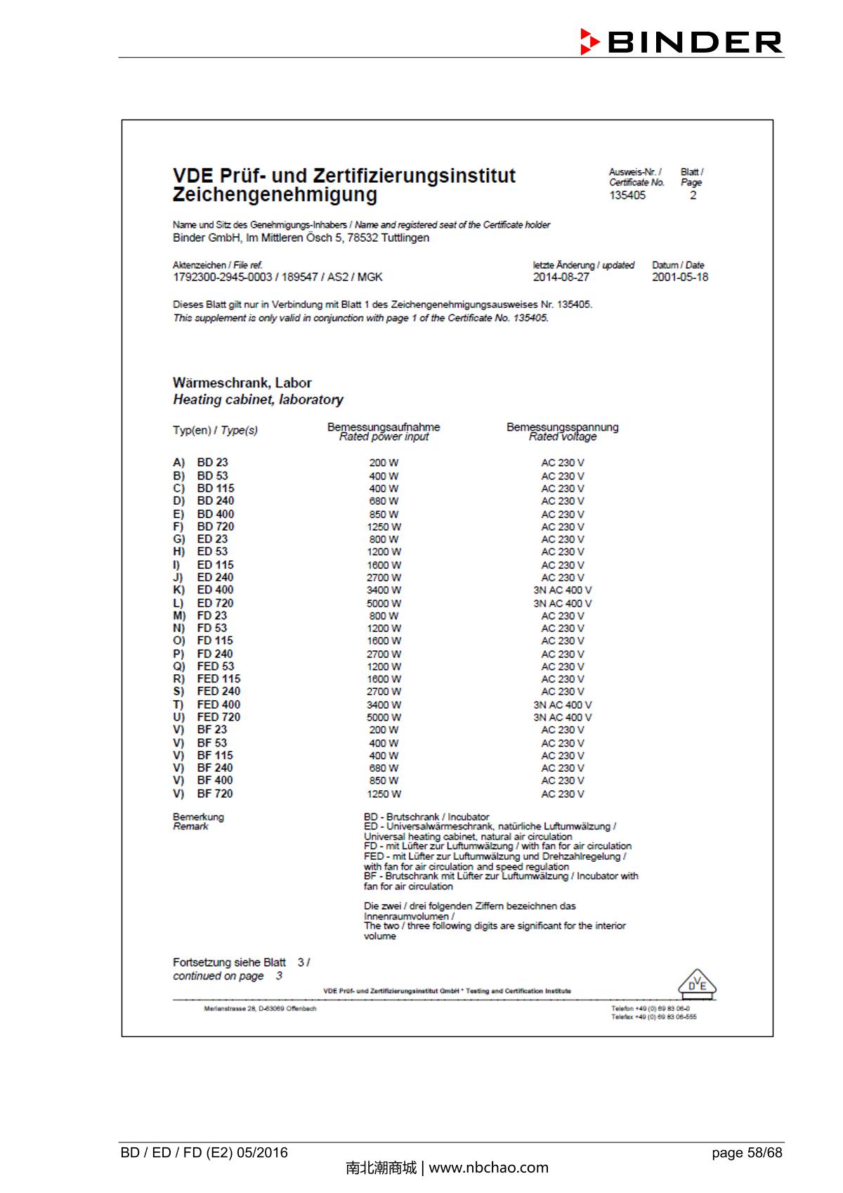 Binder BD400 Natural convection microbial IncubatorManual page 58