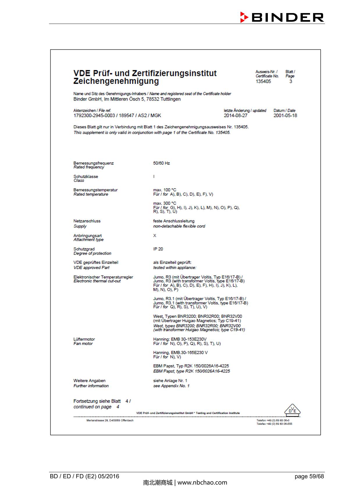 Binder BD400 Natural convection microbial IncubatorManual page 59