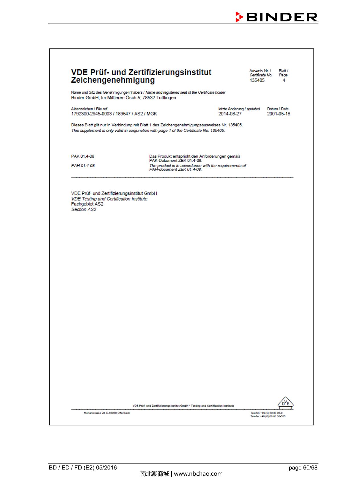 Binder BD400 Natural convection microbial IncubatorManual page 60