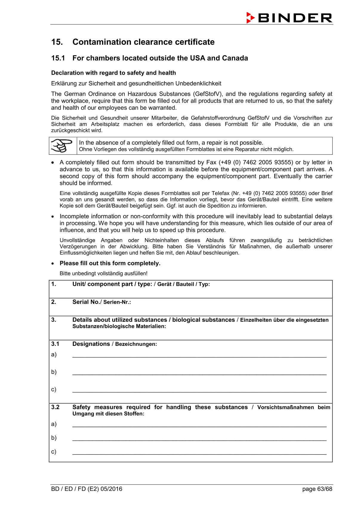 Binder BD400 Natural convection microbial IncubatorManual page 63