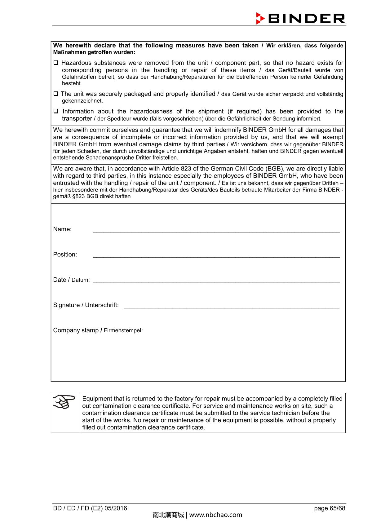 Binder BD400 Natural convection microbial IncubatorManual page 65