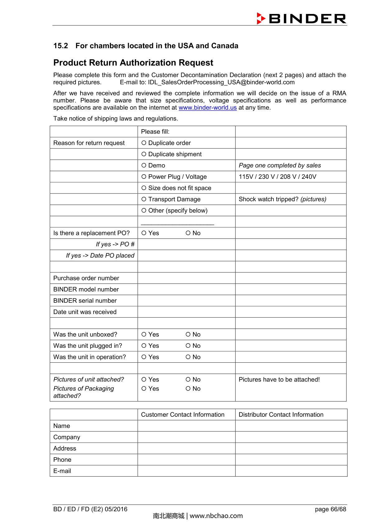 Binder BD400 Natural convection microbial IncubatorManual page 66