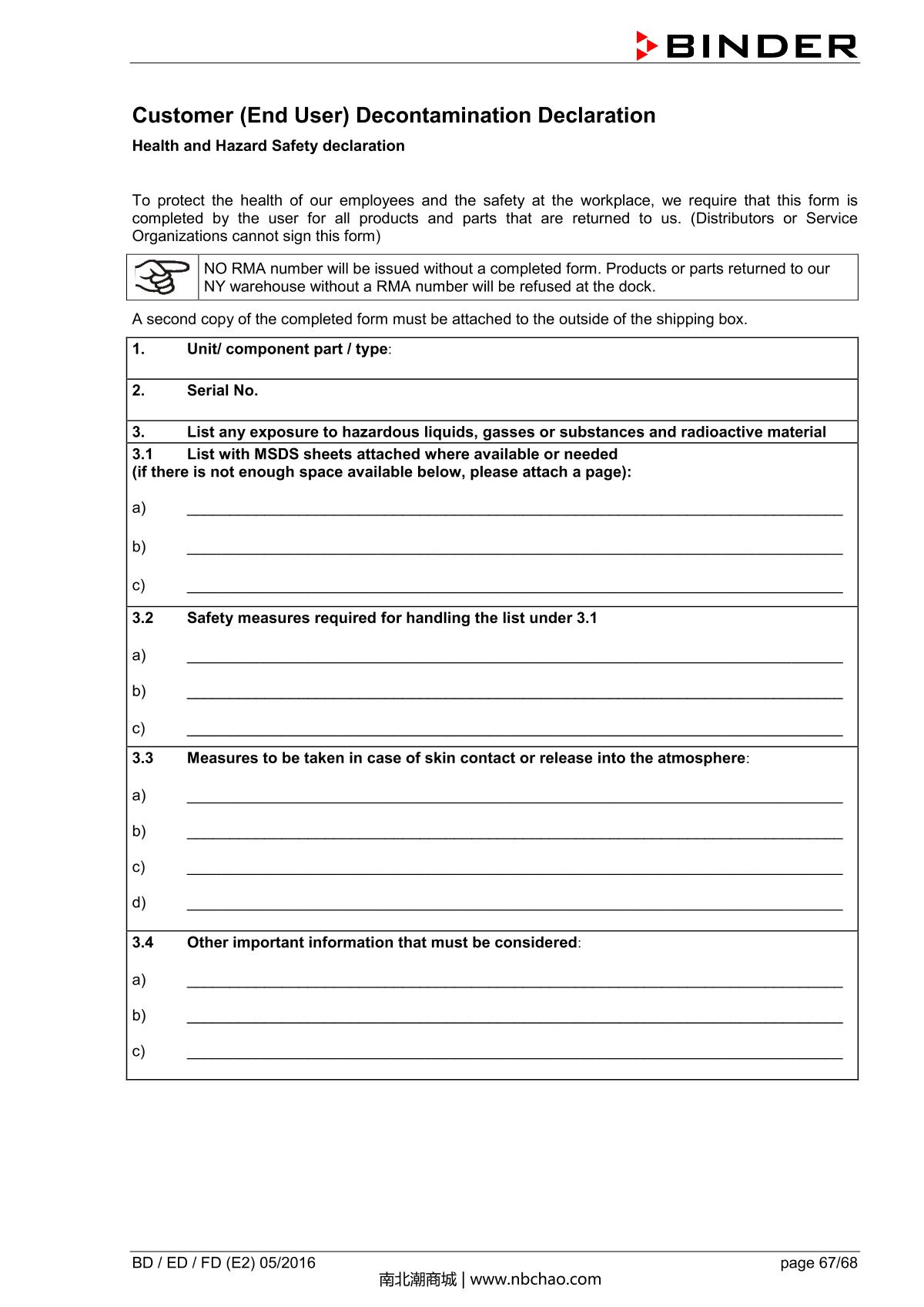 Binder BD400 Natural convection microbial IncubatorManual page 67