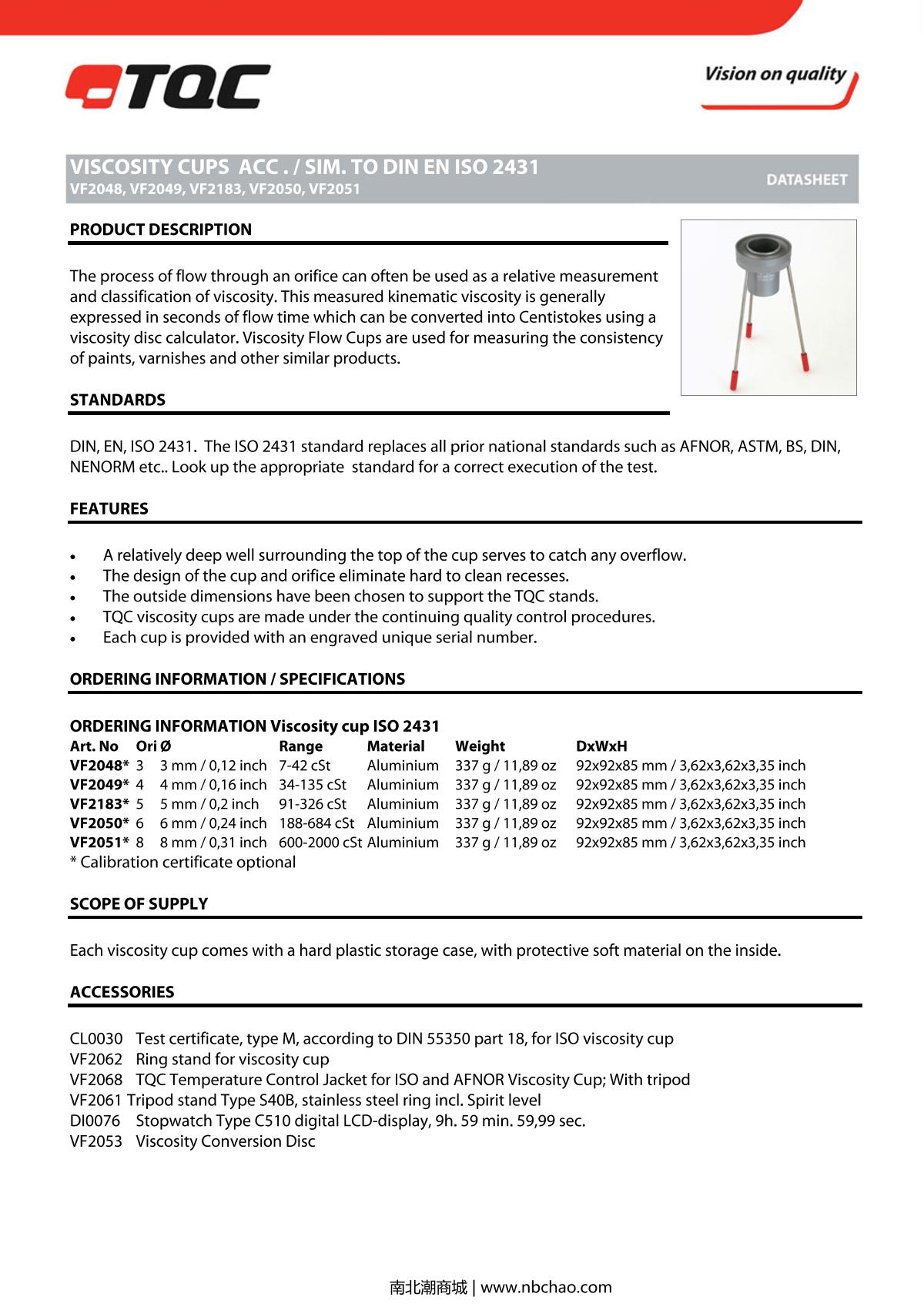 TQC sheen VF2183 Desktop Viscosity CupManual page 1