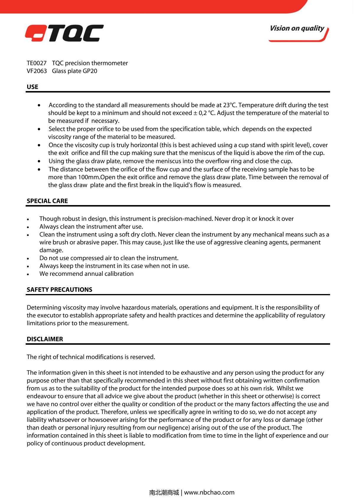 TQC sheen VF2183 Desktop Viscosity CupManual page 2