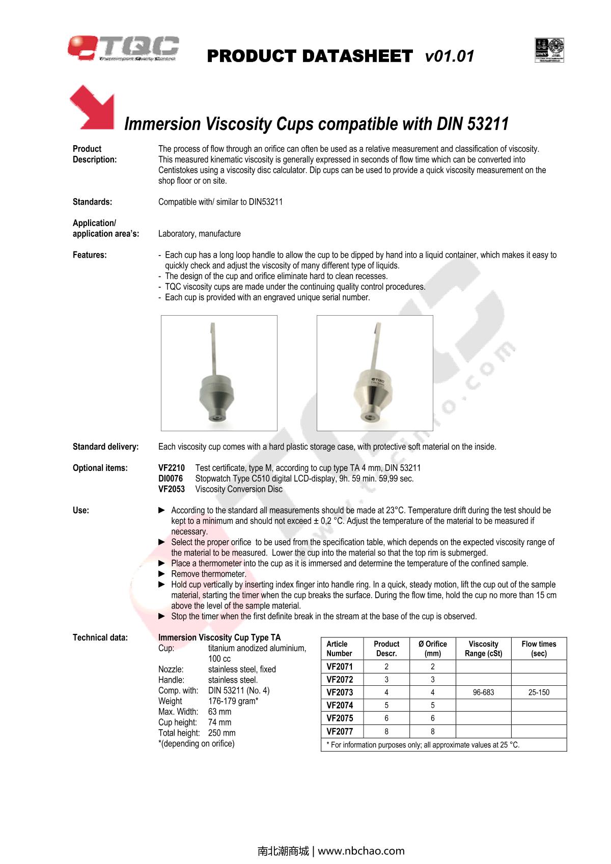 TQC sheen VF2217 Viscosity cupManual page 1