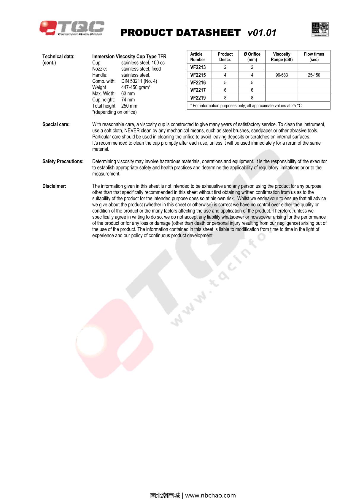TQC sheen VF2217 Viscosity cupManual page 2