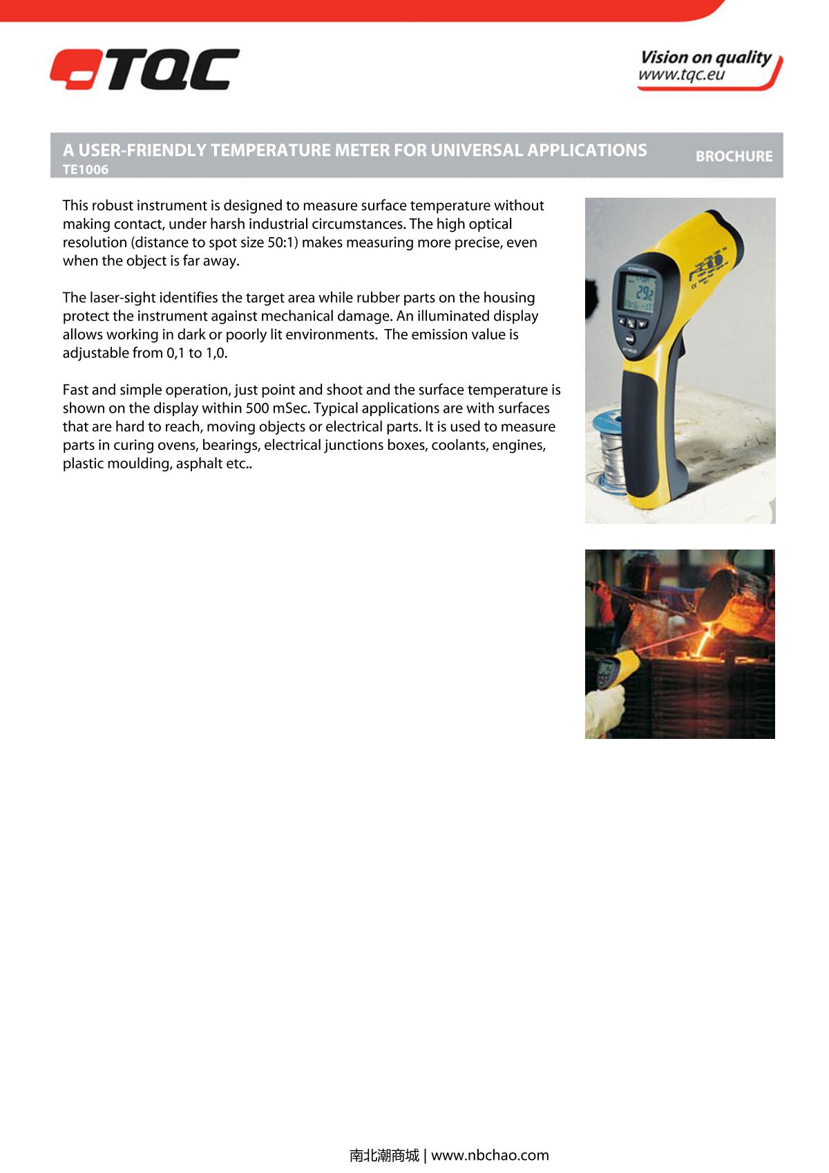 TQC sheen TE1006 Infrared Thermometer brochure page 1