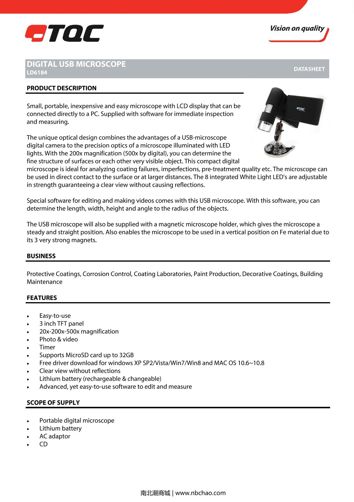 TQC sheen LD6184 USB Microscope brochure page 1