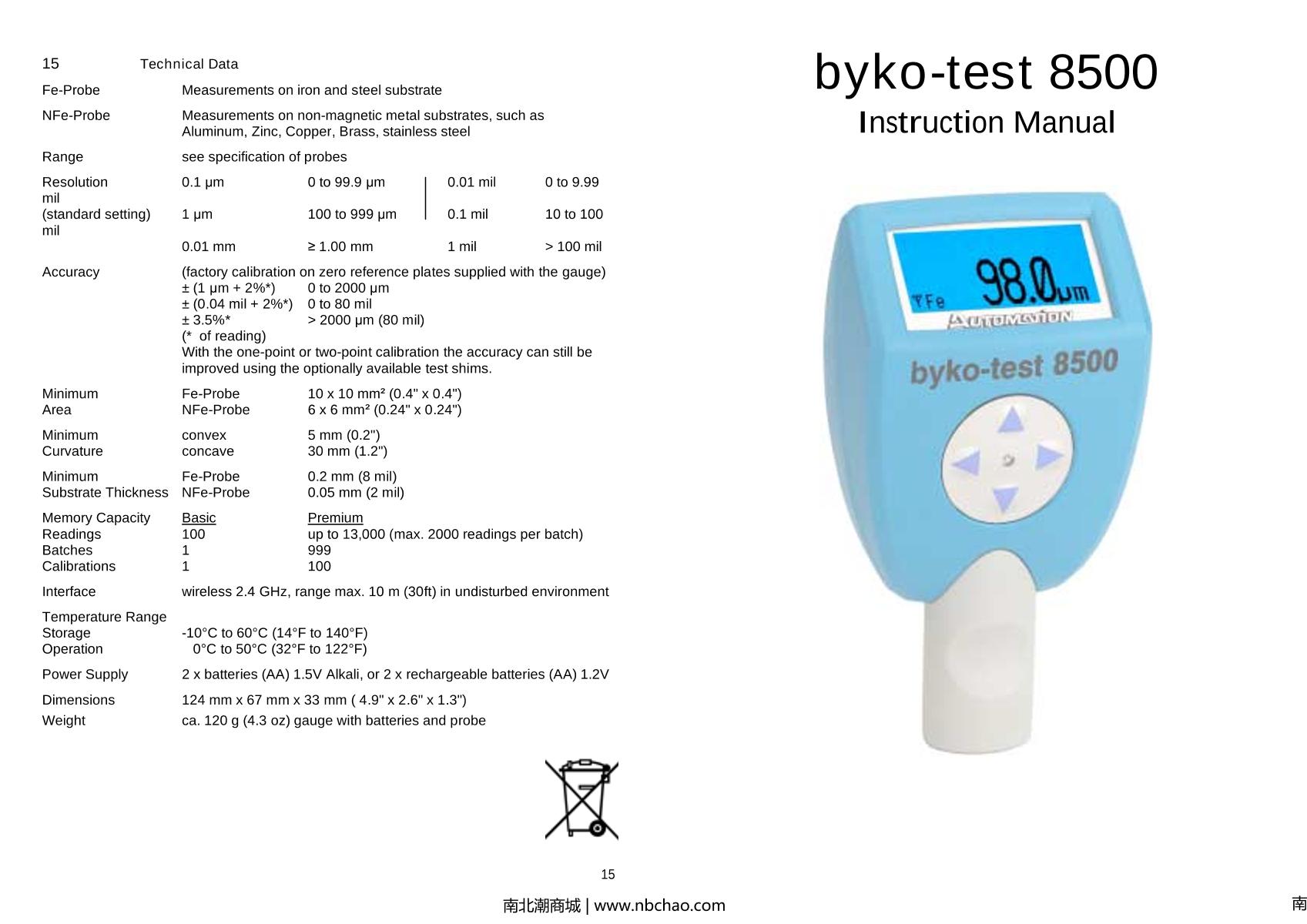 BYK 3662 Byko-Test 8500 basic nonmagnetic Thickness GaugeManual page 1