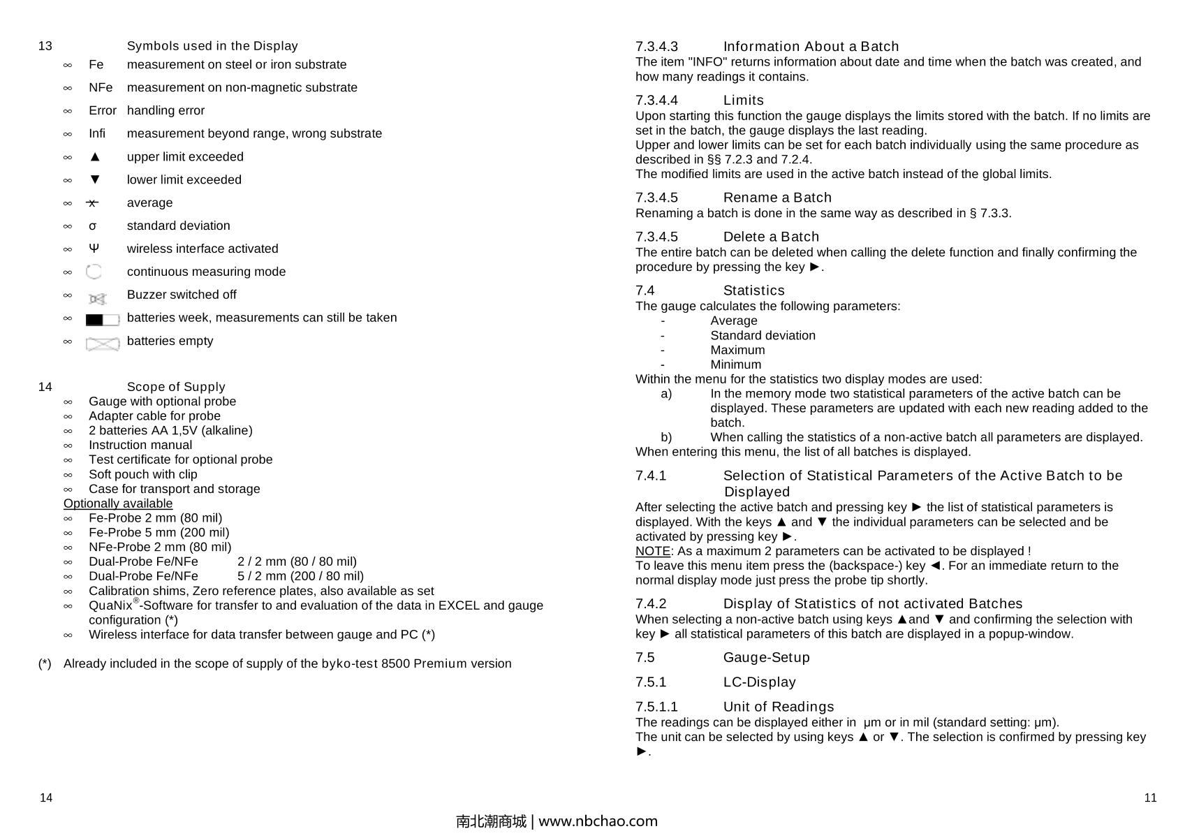 BYK 3662 Byko-Test 8500 basic nonmagnetic Thickness GaugeManual page 7