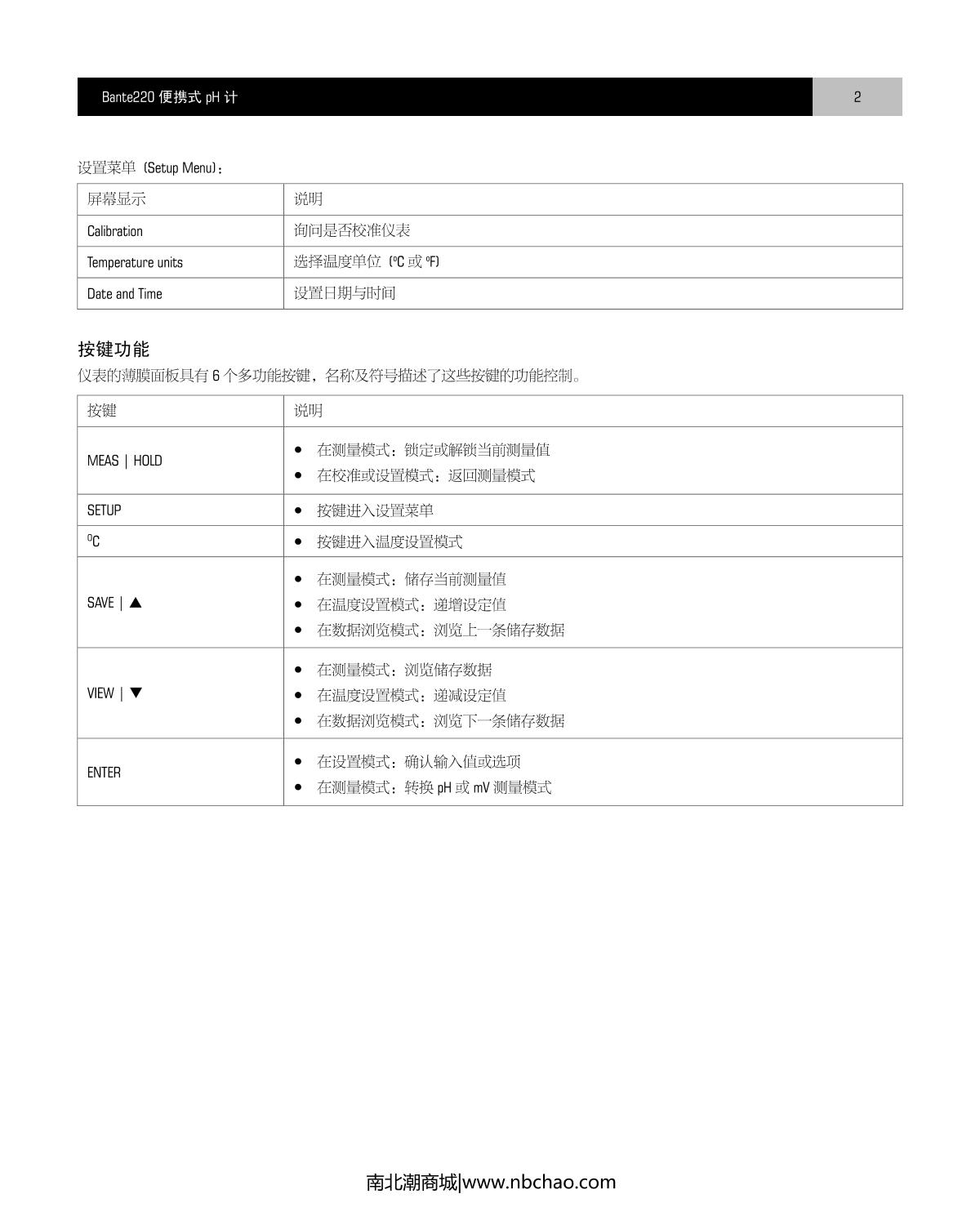 Bante Bante220-ORP Portable pH/ORP MeterManual page 3