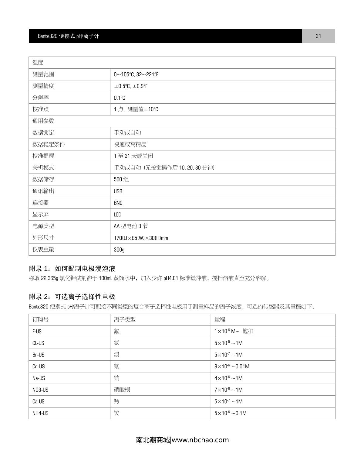 Bante Bante320-UK Portable Ion meterManual page 32