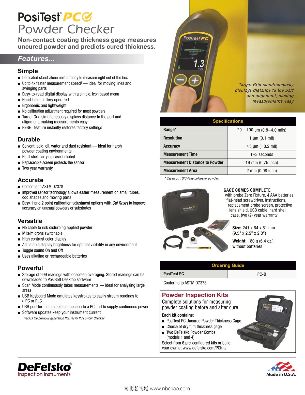 Defelsko PosiTest PC Non-contact uncured powder Thickness Gauge brochure page 2