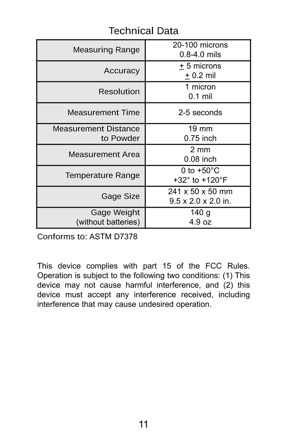 Defelsko PosiTest PC Non-contact uncured powder Thickness GaugeManual page 12