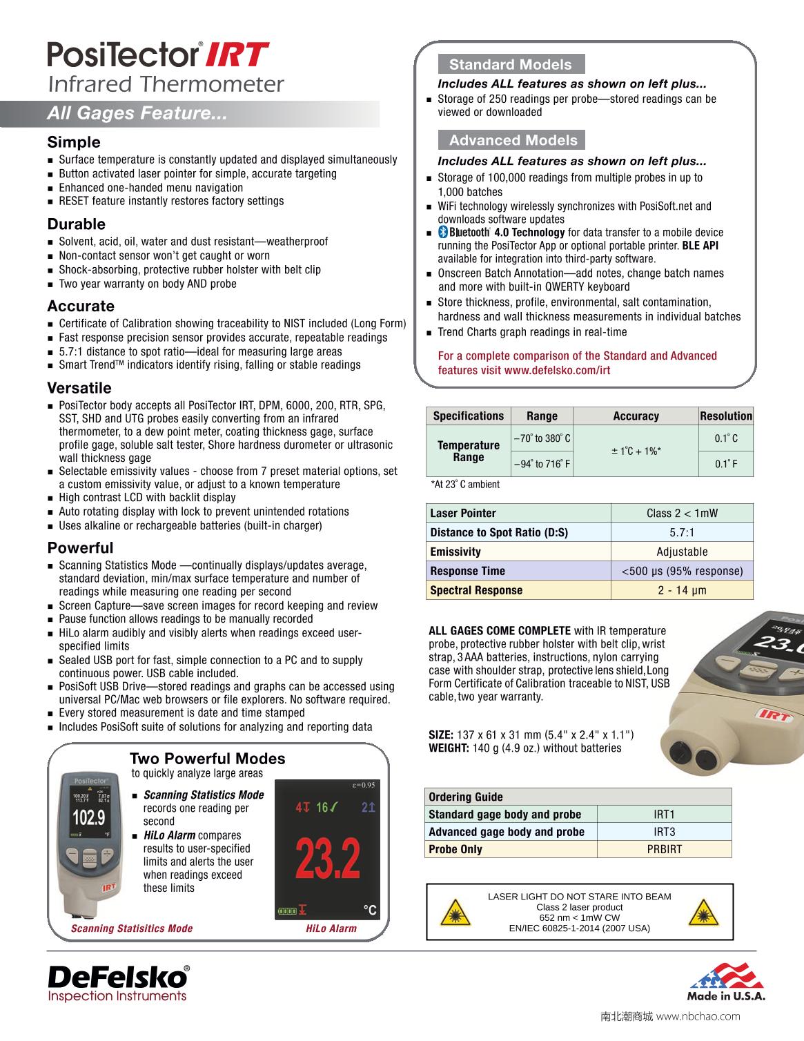 Defelsko PosiTector IRT1 Infrared Thermometer brochure page 2