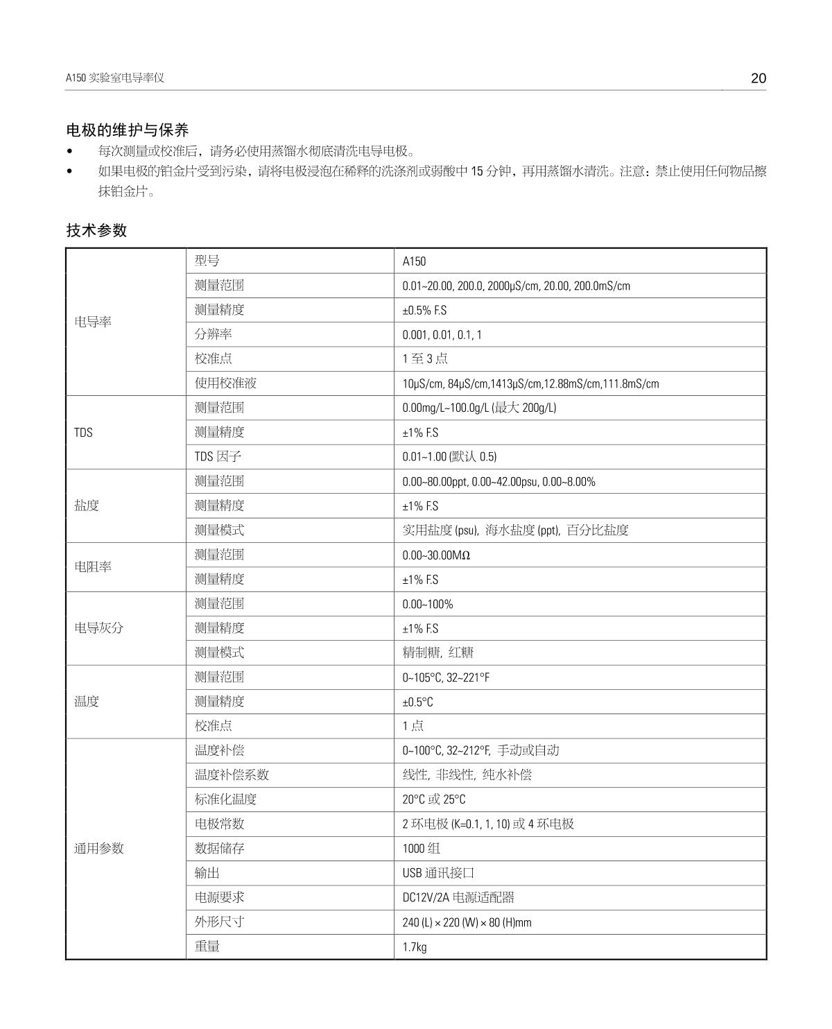 Bante A150-UK Laboratory conductivity /TDS/salinity/resistivity meterManual page 21