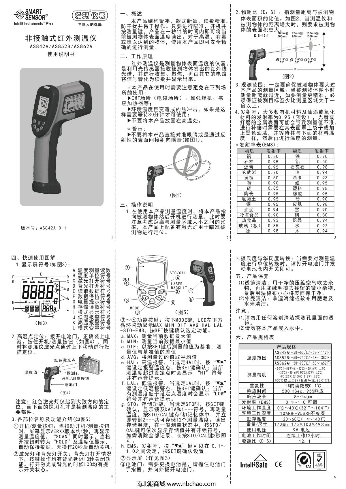 SMART SENSOR AS842A Infrared ThermometerManual page 1